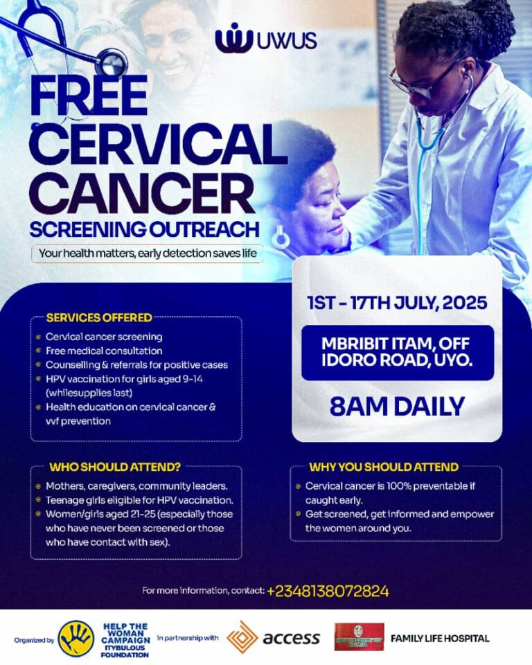 Free Cervical Cancer Screening Outreach flyer: Project UWUS, 1 to 17 July 2025, Mbribit Itam, Uyo